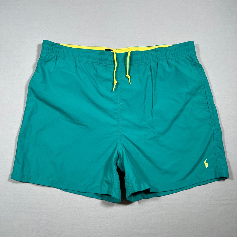 Polo Ralph Lauren Mens XL Swim Trunks Teal Green Yellow Pony Mesh Lined Shorts